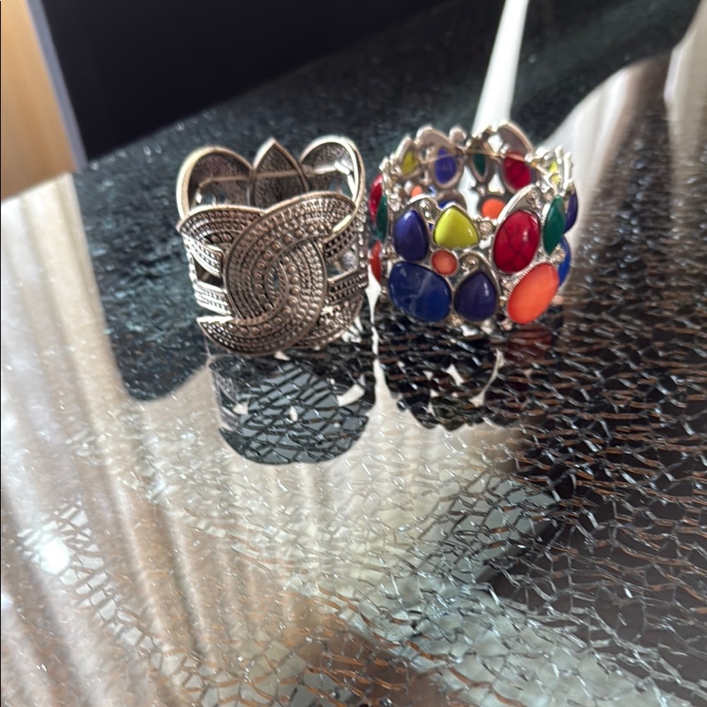 Colorful Gemstone and Silver Tone bracelet Set of 2